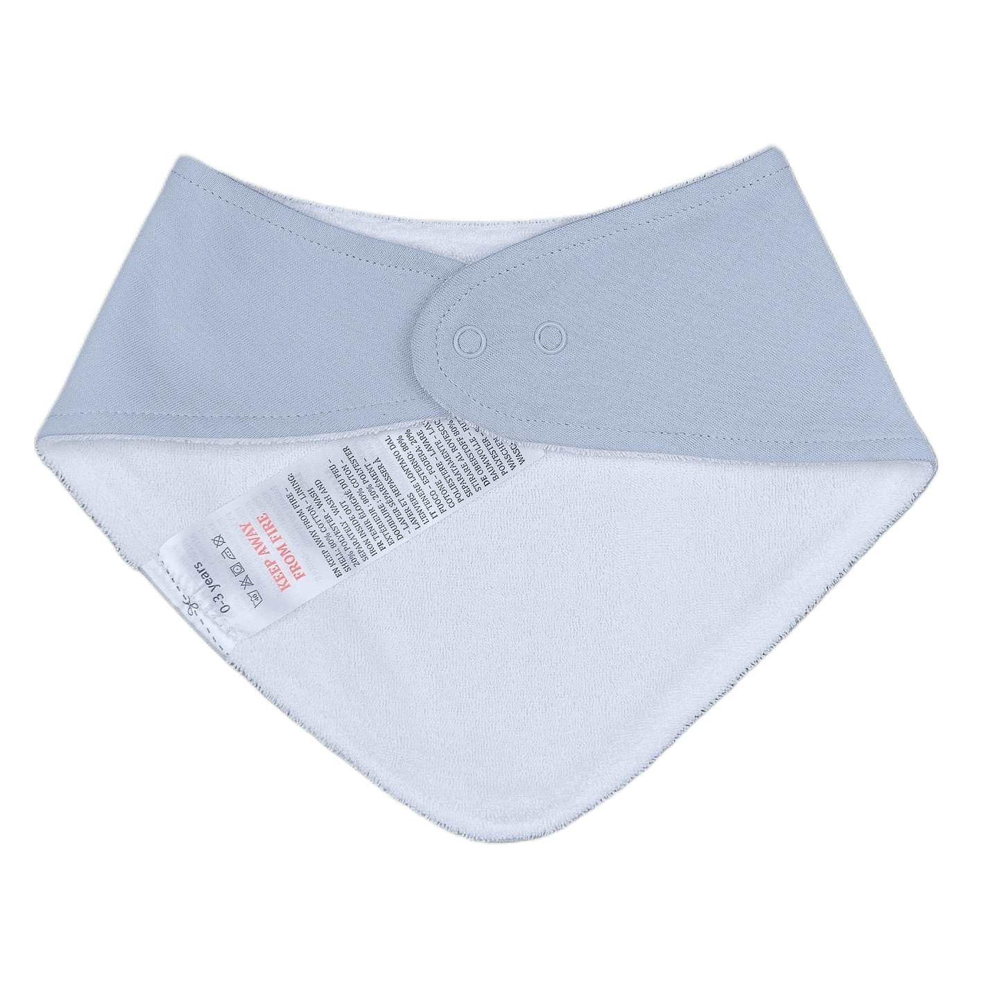 Steel blue Remove Before Sleep baby bib, back view with snap closure