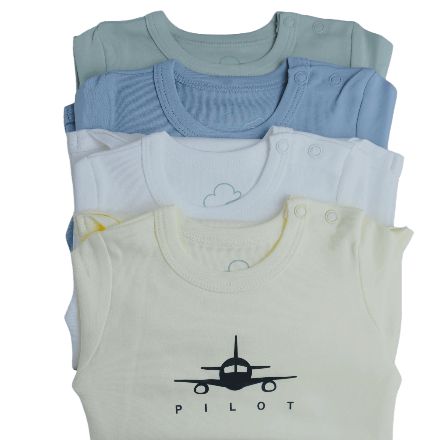Aviation baby bodysuit collection, layered front flat lay, lifestyle view – Kumy Kids