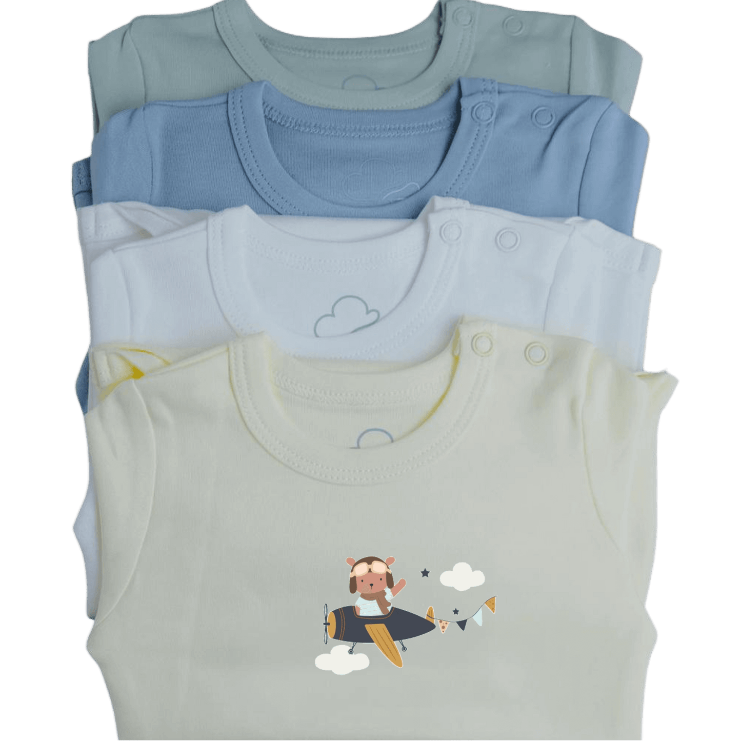 Aviation baby bodysuits with teddy pilot print, layered flat lay, lifestyle view