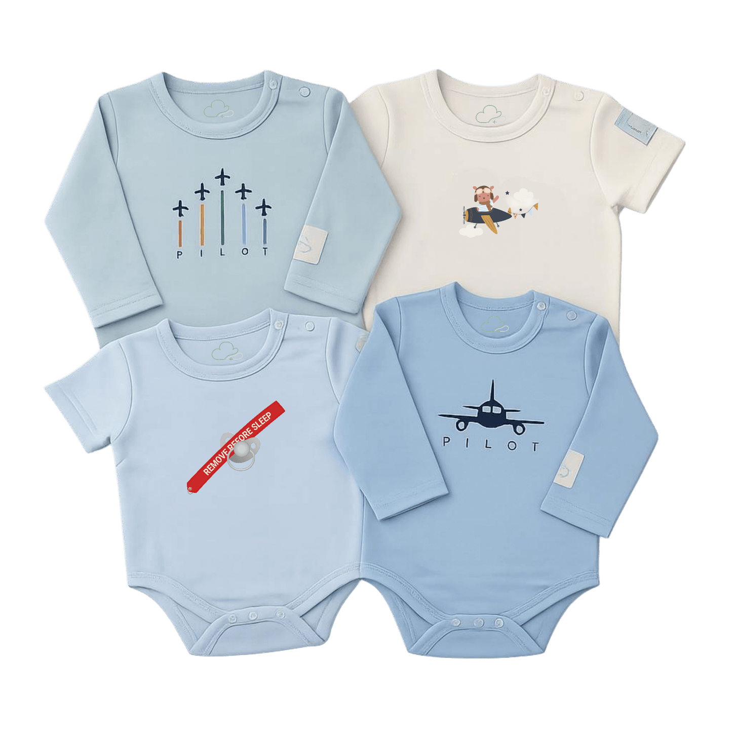 Collection of baby rompers with aviation-themed designs