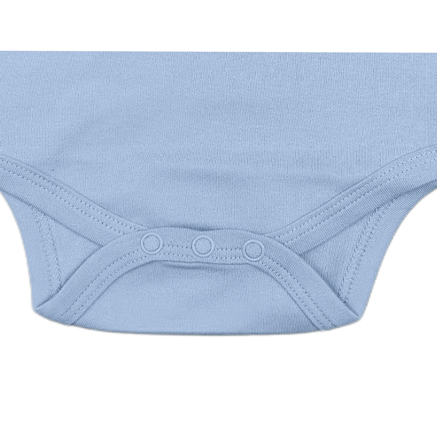 Close-up of a steel blue baby bodysuit snap buttons