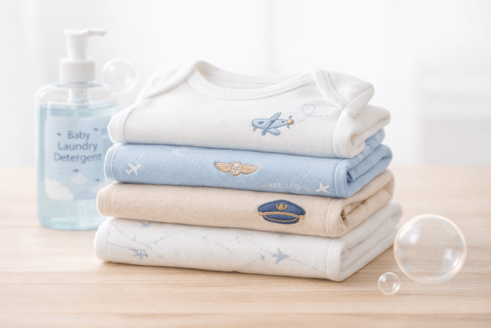 Aviation-themed organic cotton baby bodysuits with embroidered airplane, pilot cap and stars designs stacked with baby laundry detergent