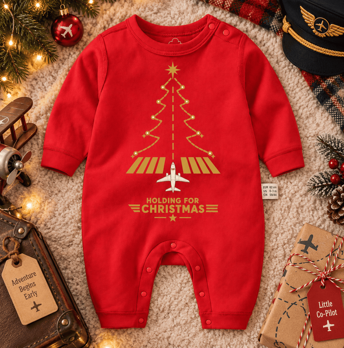 Tutina Rossa Natalizia per Neonato – Design Aviation con Albero Natalizio