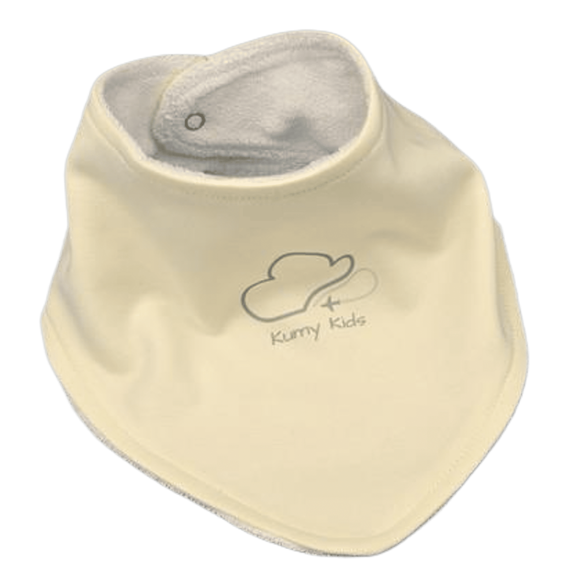 Beige aviation baby bandana bib, front view with Kumy Kids Logo