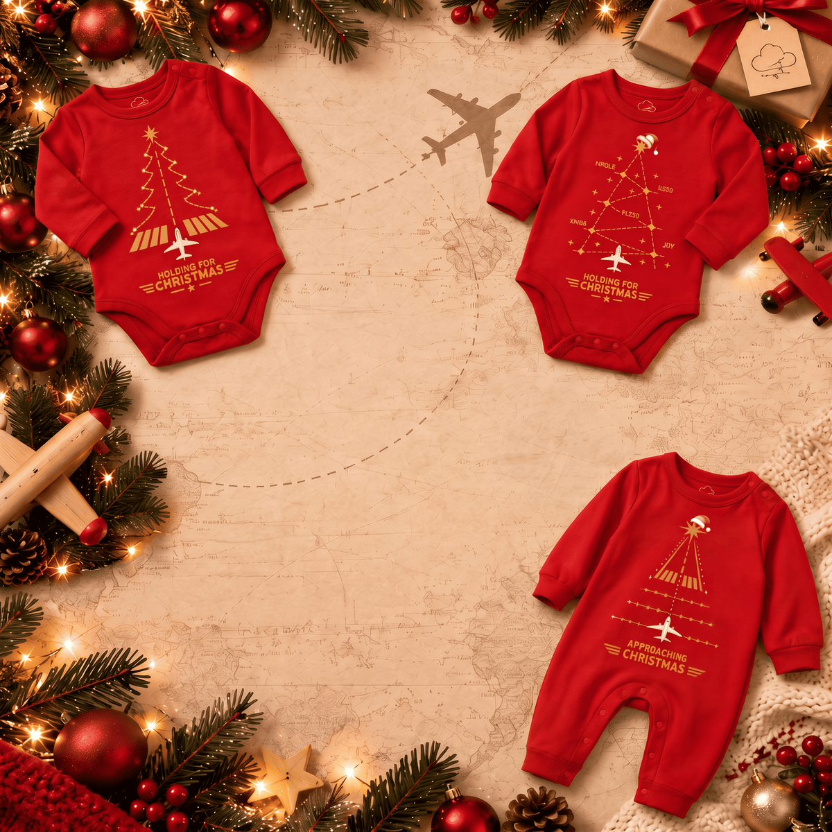 Three red baby bodysuits with gold Christmas tree and airplane graphics are arranged on a vintage-style beige map background surrounded by holiday greenery, ornaments, lights, and gifts.