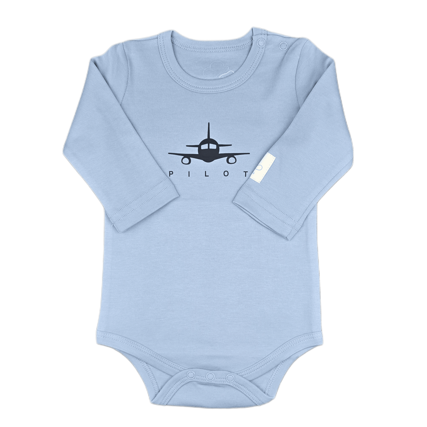 Light blue baby onesie with airplane design and 'Pilot" graphic