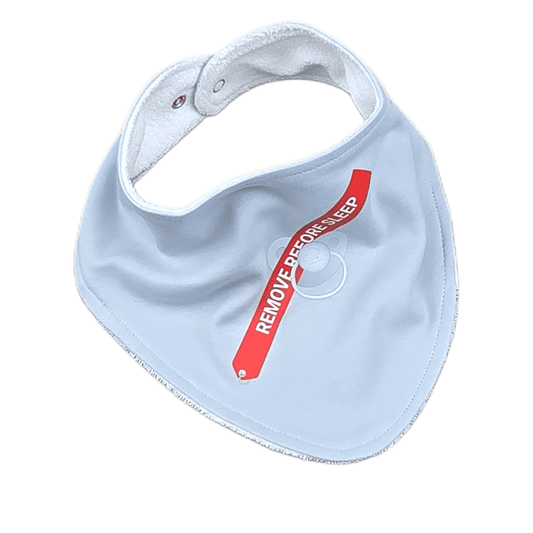 Steel blue aviation baby bandana bib, back view with snap closure