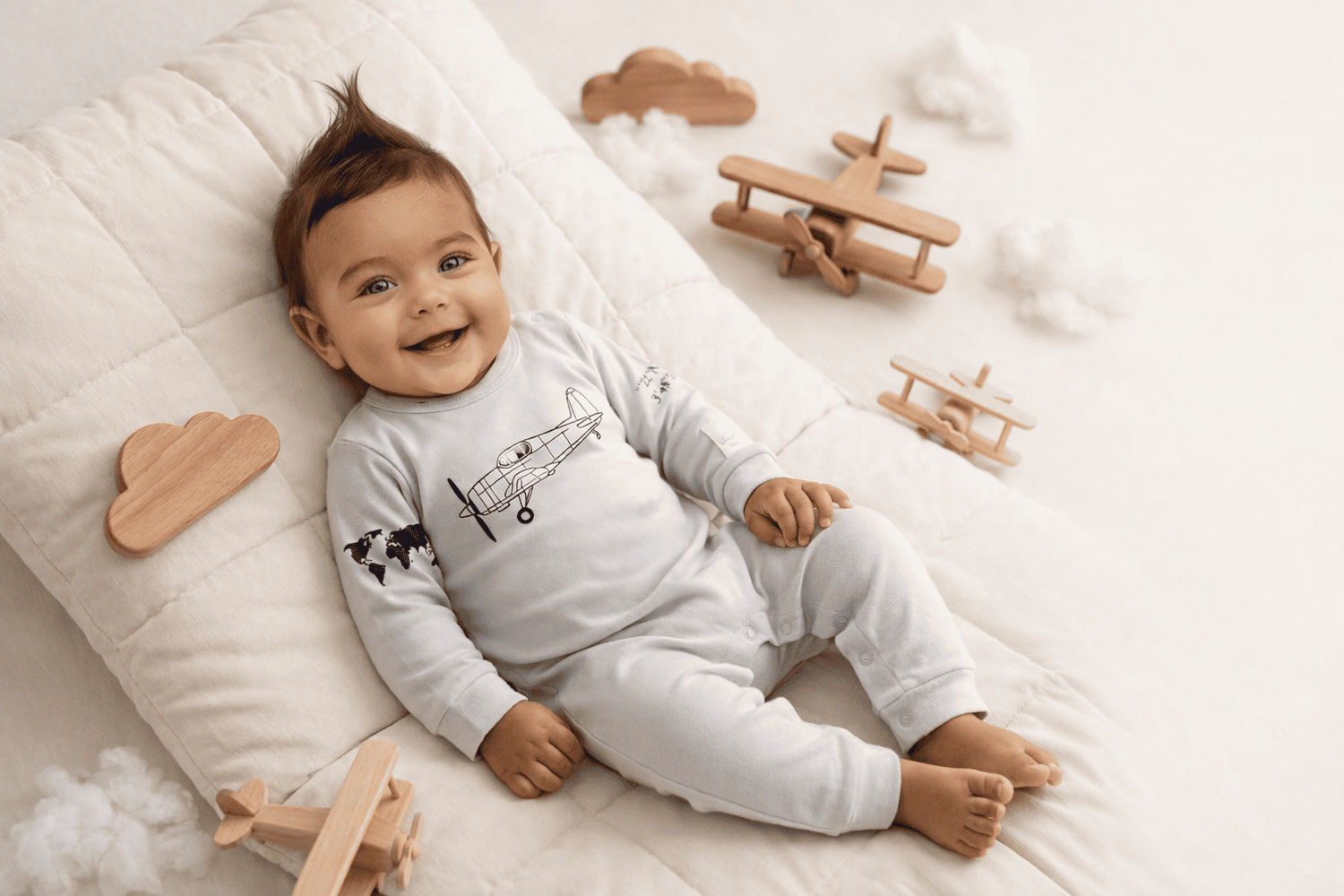Baby lying on a white blanket with wooden toys around