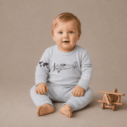 Tutina Neonato Manica Lunga Cotone Aviazione - 100% Cotone Pettinato Design Italiano 0-24M