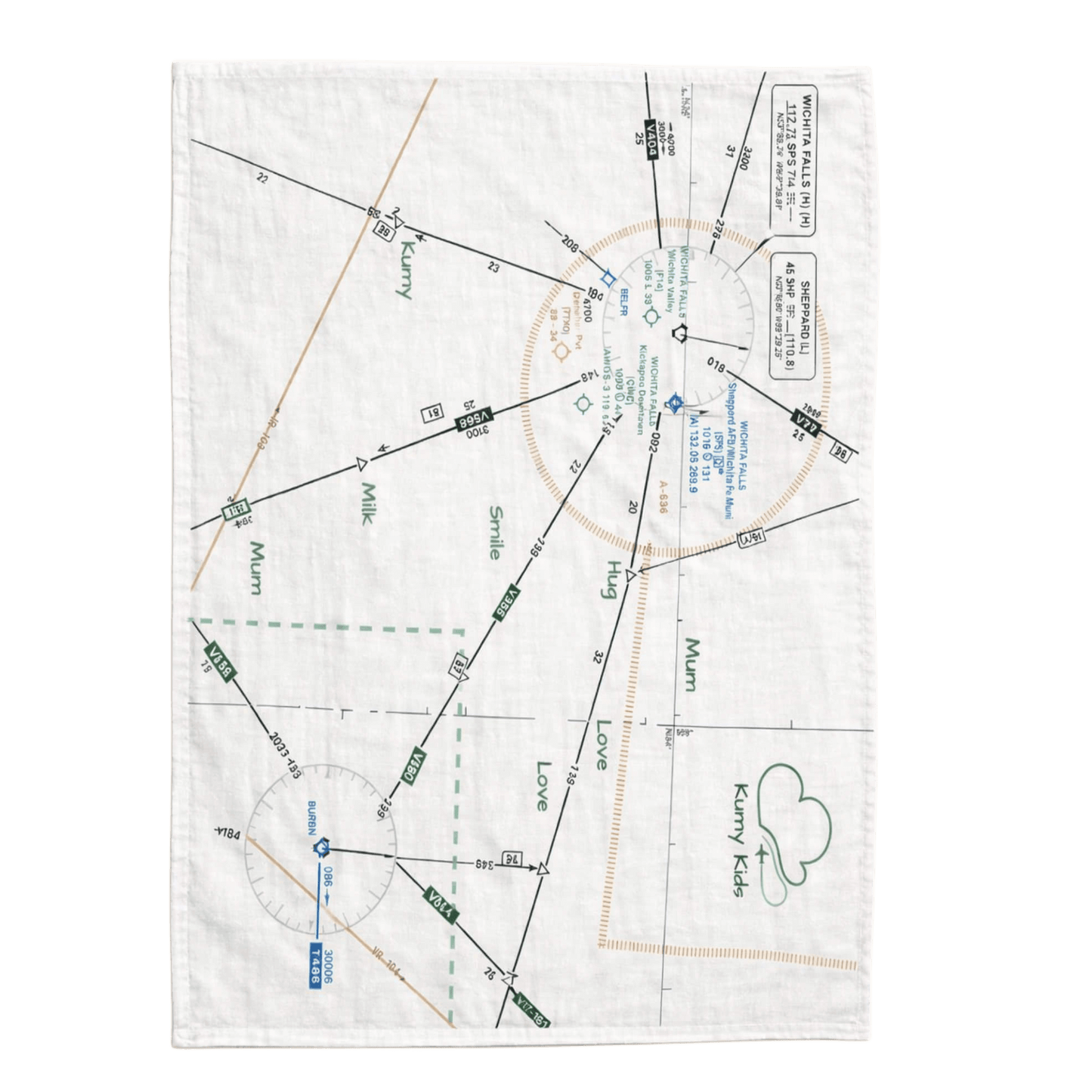 Aviation baby muslin blanket, vertical view with cloud and aviation map print