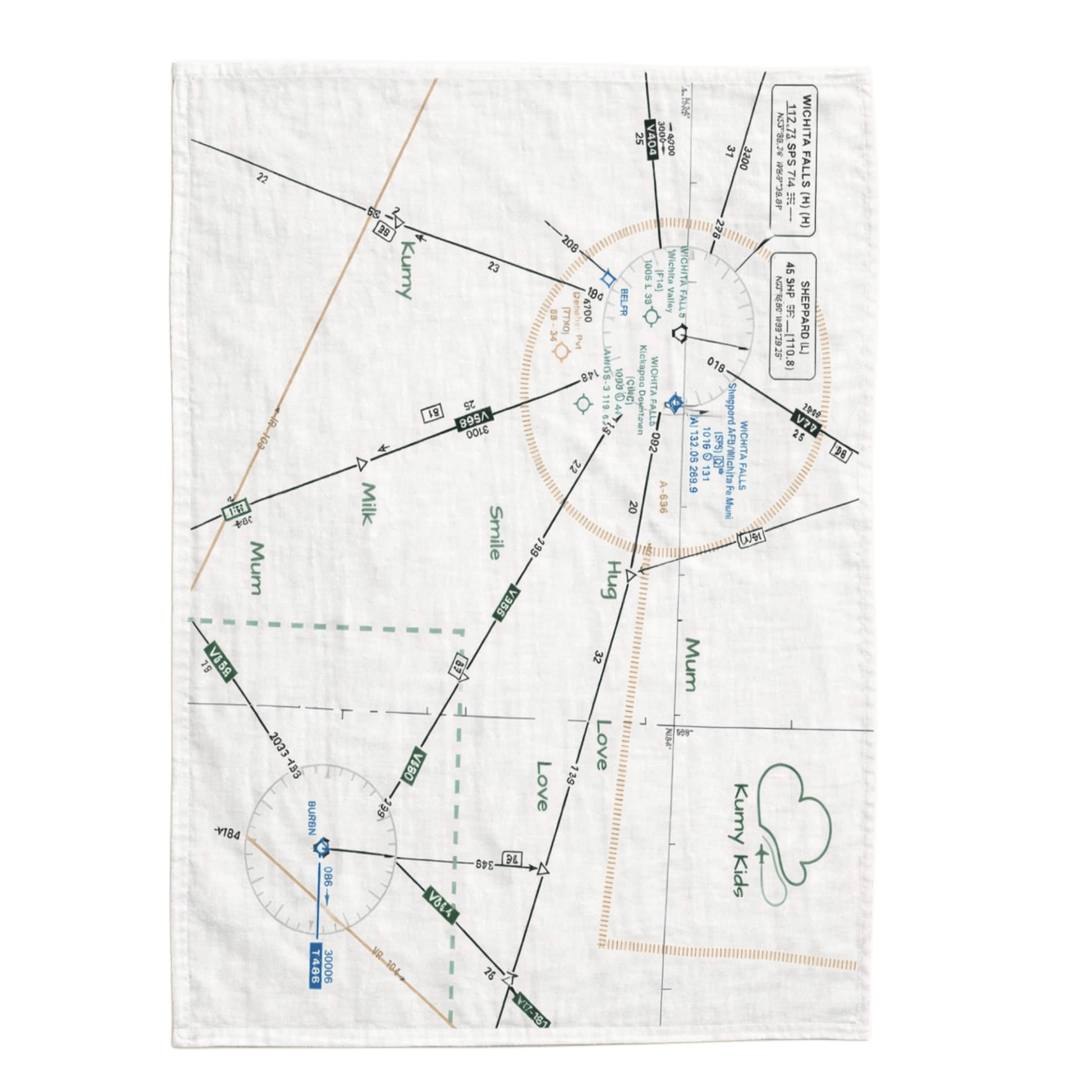 Aviation baby muslin blanket, vertical view with cloud and aviation map print