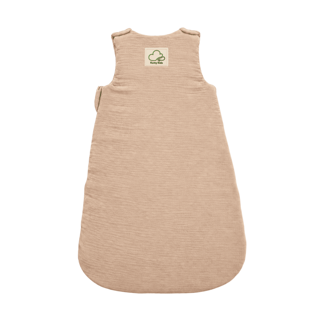 A sleeveless baby sleep sack in a heathered beige fabric, shown from the back on a solid white background. A small white brand label with a green cloud logo and the text 'bean bag' is visible near the top center.