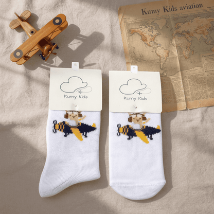 White baby socks with teddy pilot design