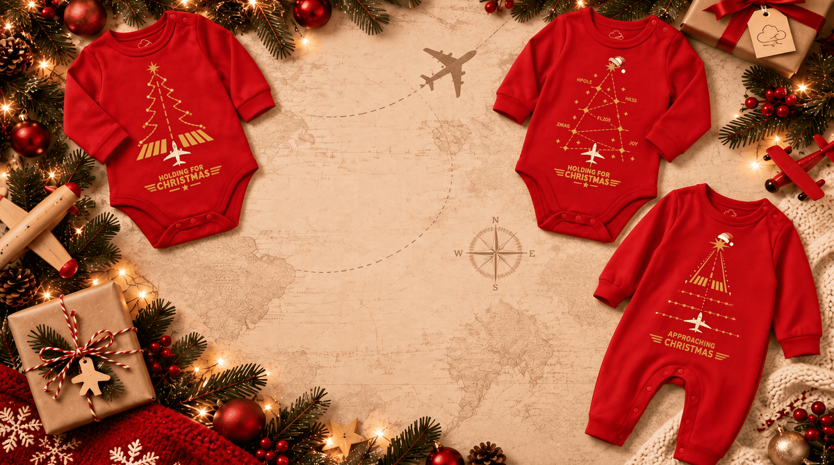 Three red baby bodysuits with gold Christmas tree and airplane graphics are arranged on a vintage-style world map background, surrounded by holiday greenery, ornaments, wrapped gifts, and warm string lights.