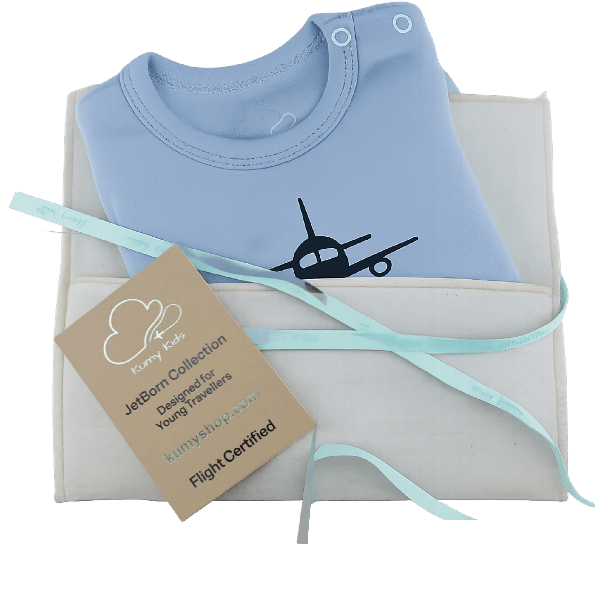 Light blue baby onesie with airplane design on a white box, featuring a Kummy Kids tag.
