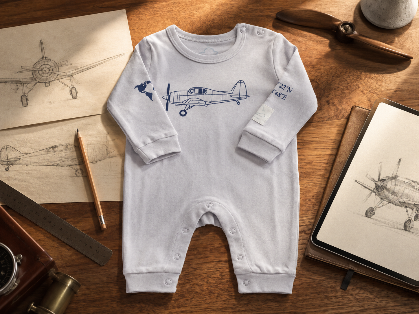 Kumy Kids aviation-inspired baby bodysuit in premium brand storytelling image