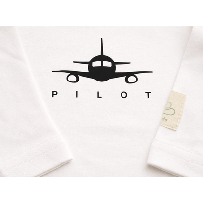 Ivory aviation baby bodysuit, front view with pilot print