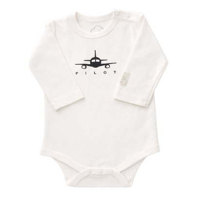 Ivory aviation baby onesie, front view with pilot print