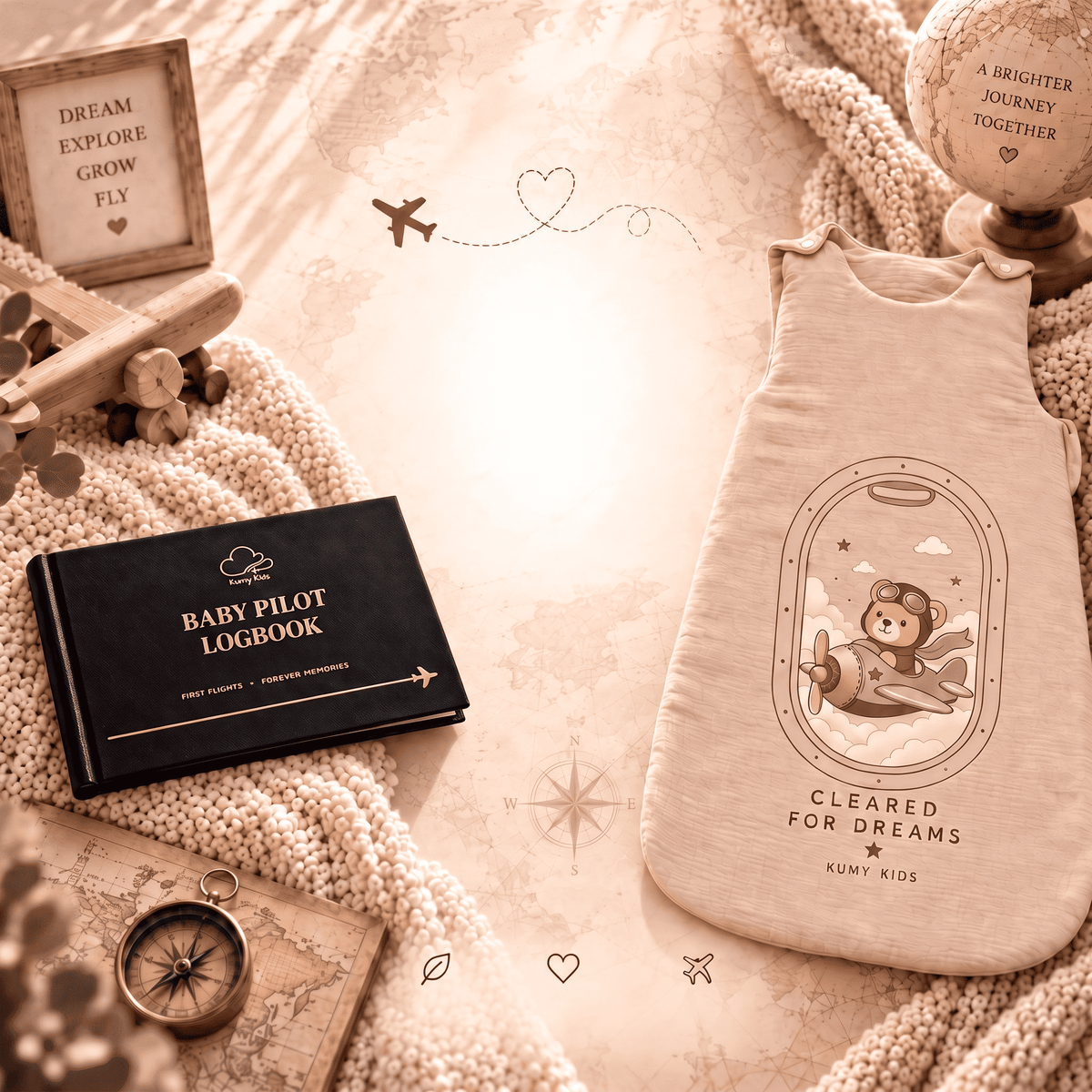 A styled flat-lay featuring a beige baby sleep sack with an airplane window graphic and the text 'Cleared for Dreams' by Kumi Kids, arranged on a cream knit blanket with a black baby pilot logbook, a compass, and other vintage-inspired props.