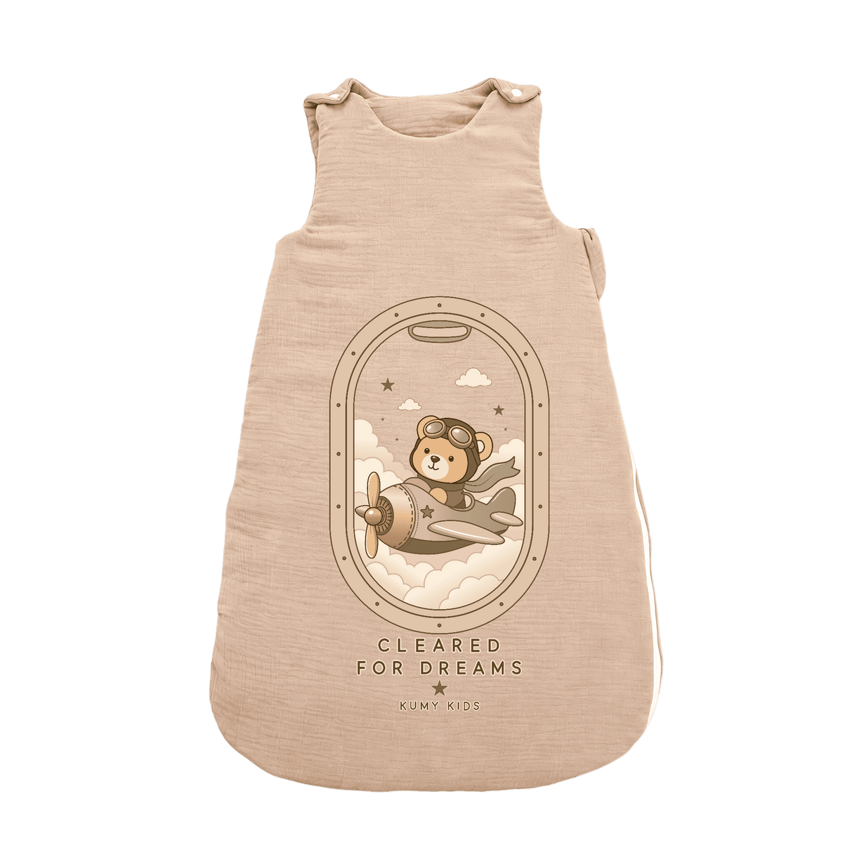A sleeveless baby sleeping bag in a light beige heathered fabric, featuring a central graphic of a teddy bear pilot flying in a vintage airplane from an airplane window view. Below the illustration, the text reads 'CLEARED FOR DREAMS' and 'KUMPI KIDS'.