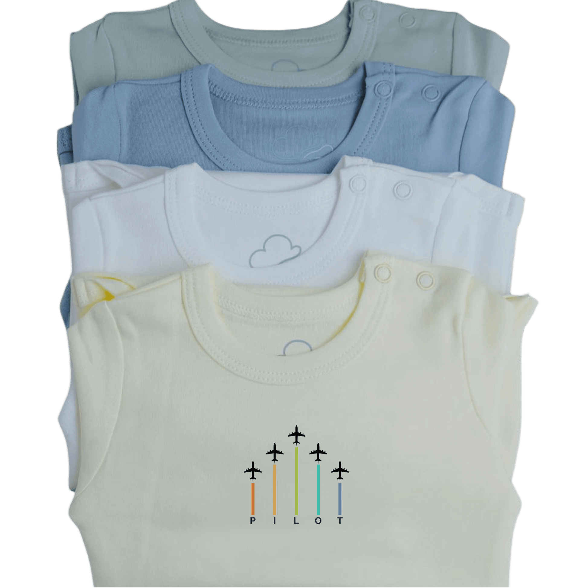 Aviation baby bodysuits with arrows print, layered flat lay, lifestyle view