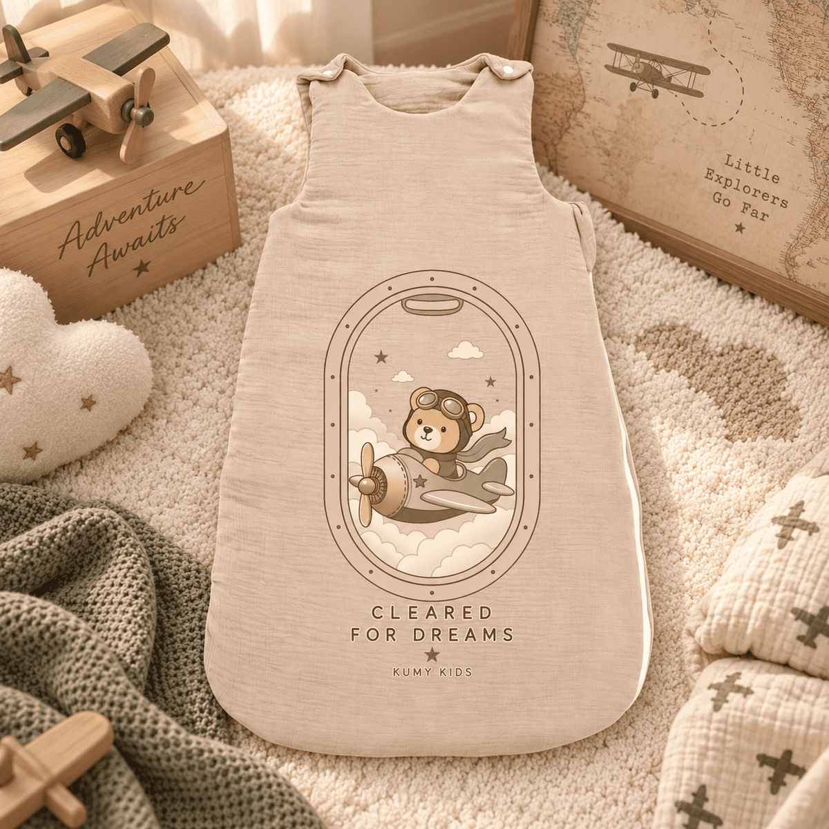 A cream-colored baby sleep sack with a teddy bear airplane graphic, styled on a cozy beige blanket with wooden toys and a knit blanket.