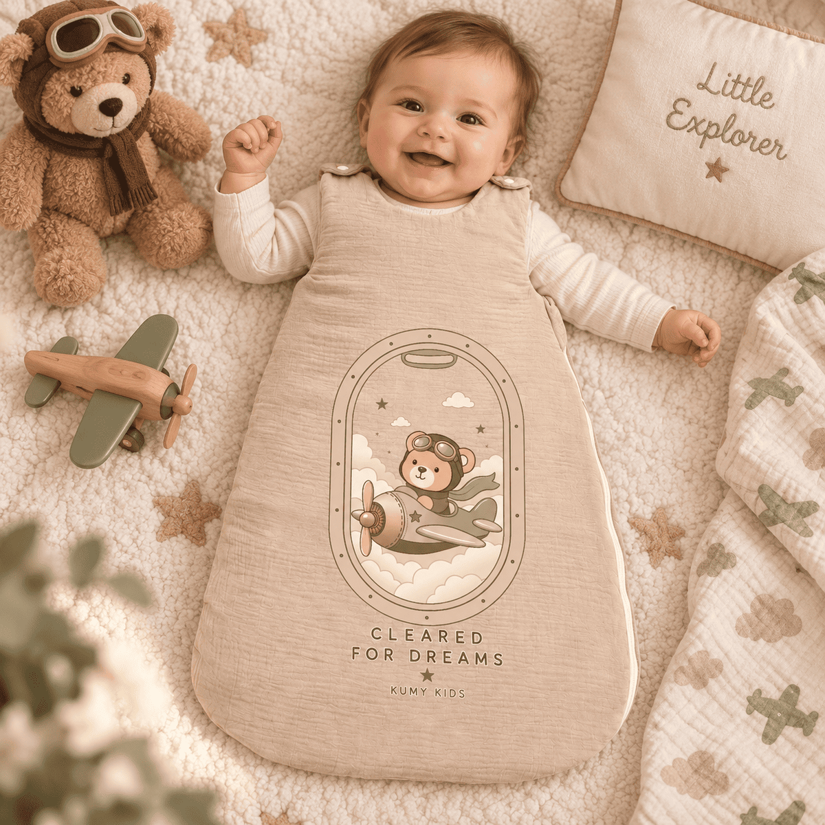 A baby wearing a beige sleeping bag with an airplane graphic lies on a cream blanket with star prints, surrounded by toys and a pillow that says 'Little Explorer'.
