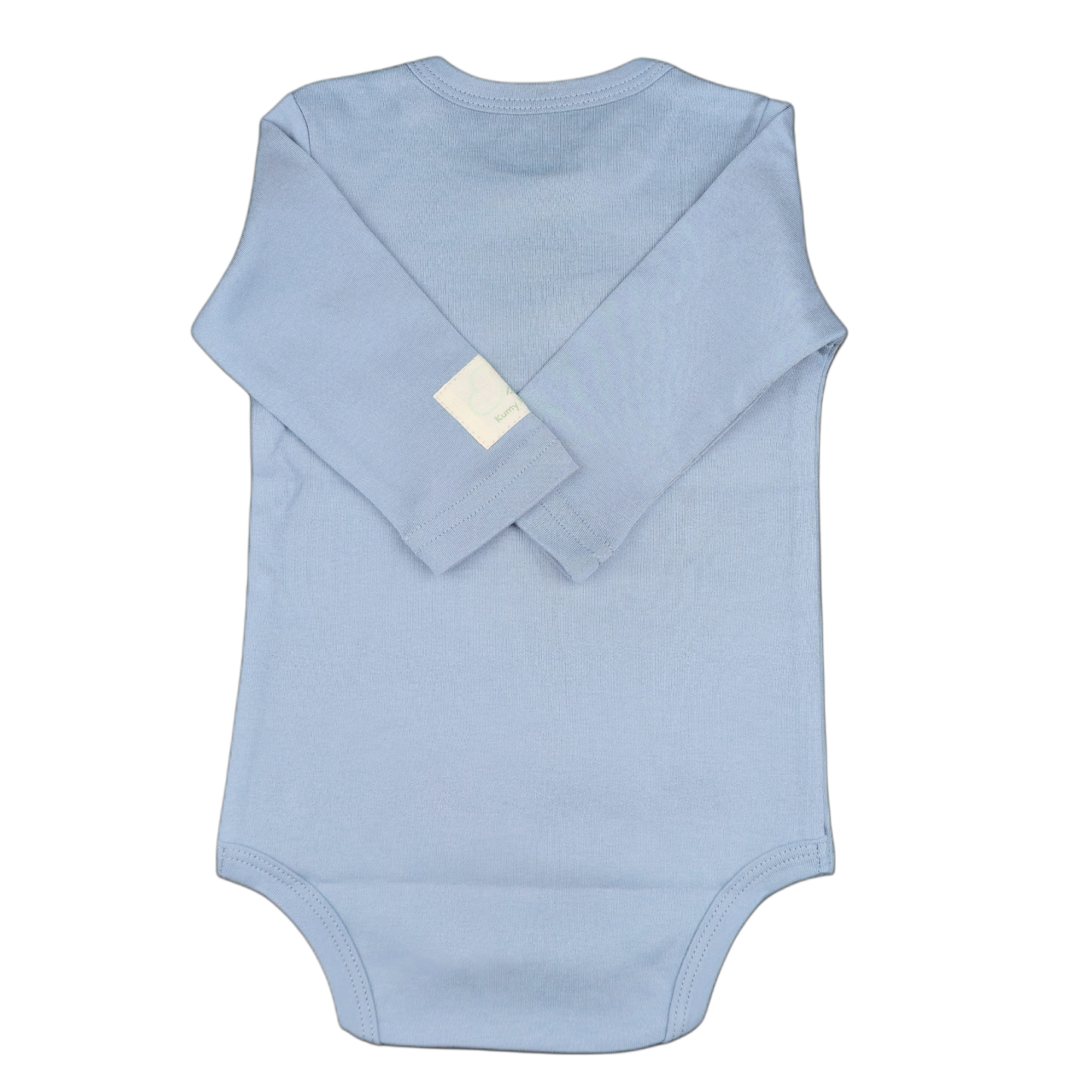 Light blue baby bodysuit with long sleeves showing back view