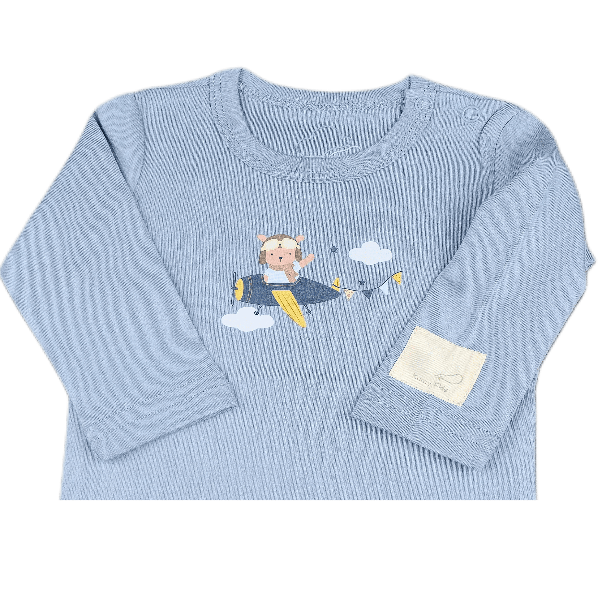 Steel  blue long-sleeve baby onesie with airplane and teddy design
