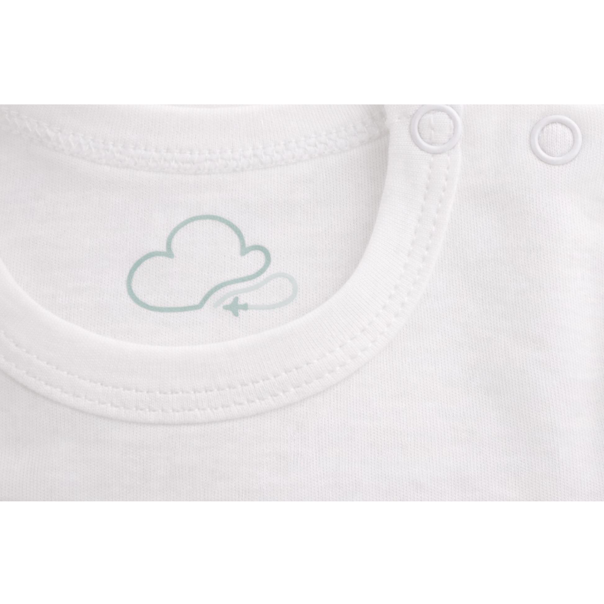 Ivory aviation baby bodysuit, neckline and shoulder snap detail