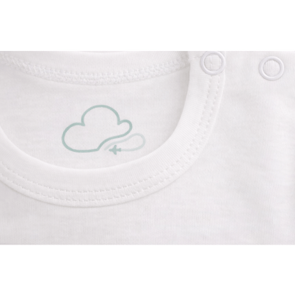 Ivory aviation baby bodysuit, neckline and shoulder snap detail