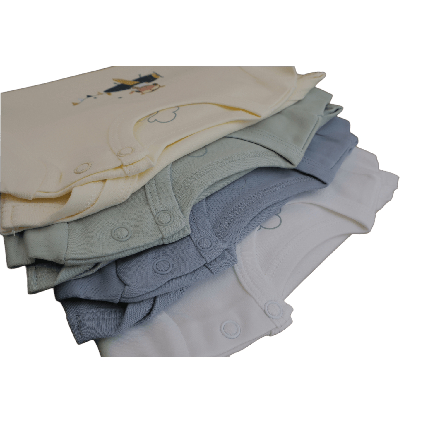Aviation baby onesies, short sleeve styles in mixed colours, lifestyle flat lay