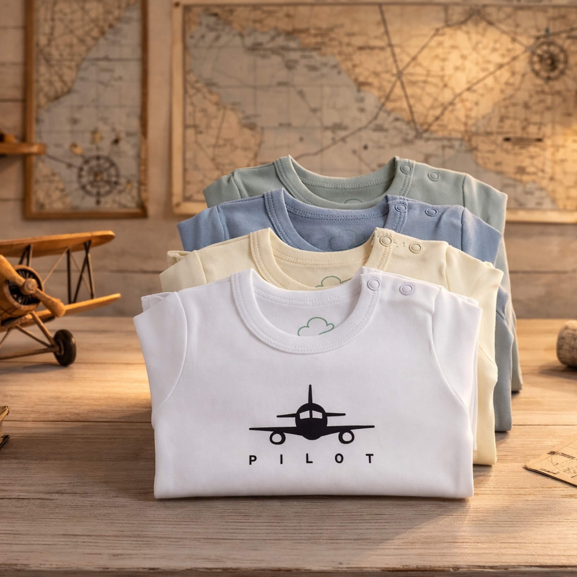 Aviation baby bodysuits, long sleeve styles styled flat lay, lifestyle view
