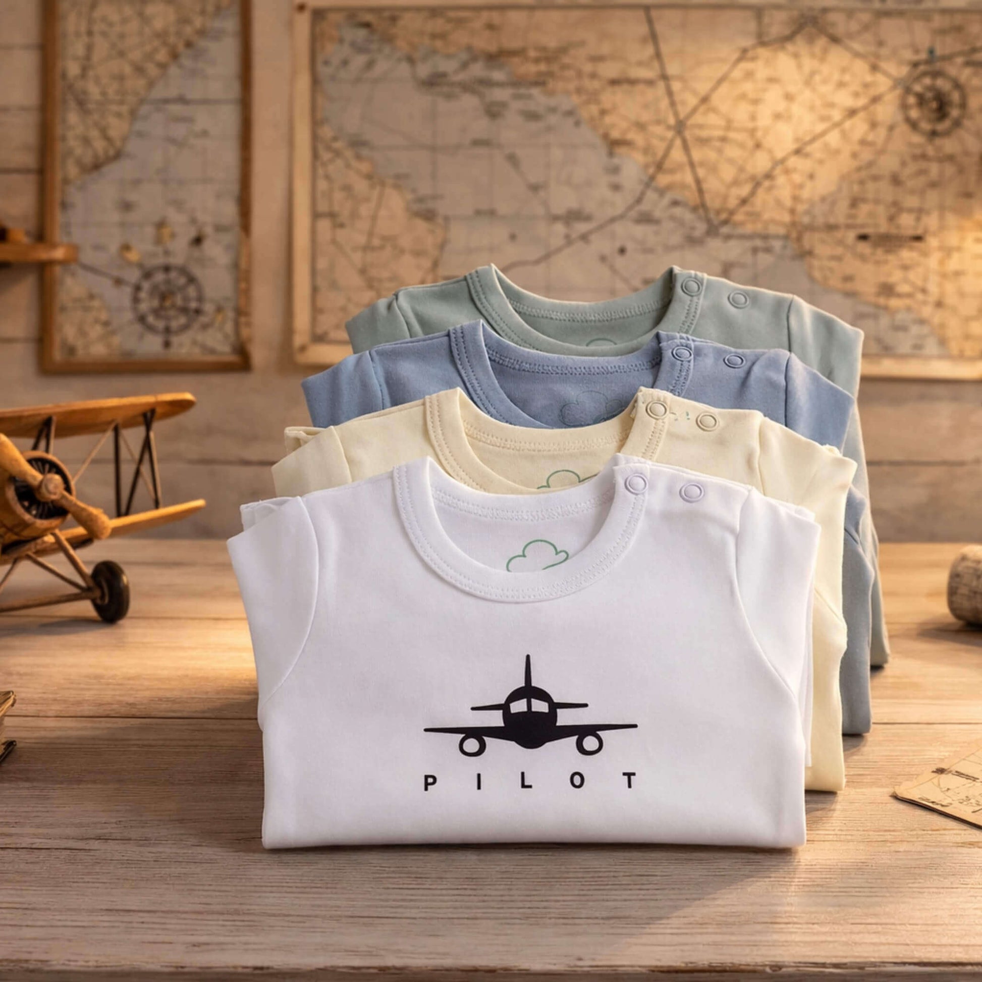 Aviation baby bodysuit, long sleeve folded styling, lifestyle view