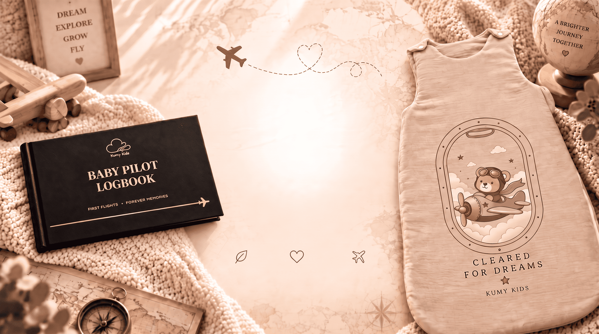 A styled flat-lay featuring a black hardcover 'Baby Pilot Logbook' and a beige baby sleep sack with an airplane illustration and the text 'Cleared for Dreams' by Kuma Kids, arranged on a soft cream blanket with decorative props.