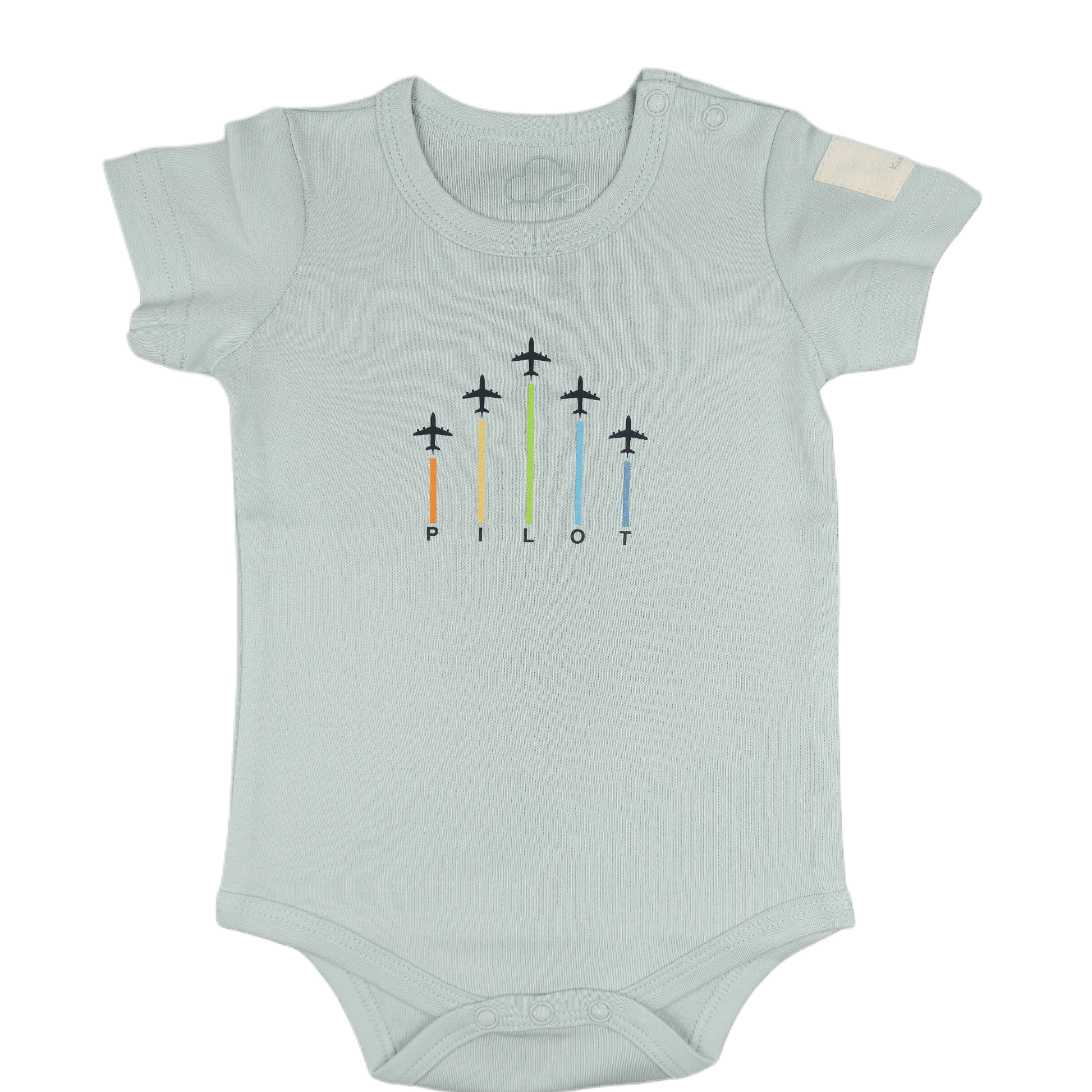 Sage green baby onesie with airplane design showing a front view