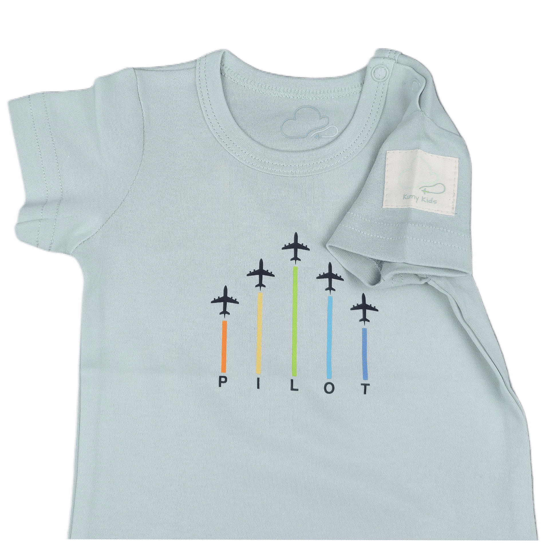 Sage green baby bodysuit with airplane design and 'Pilot' text