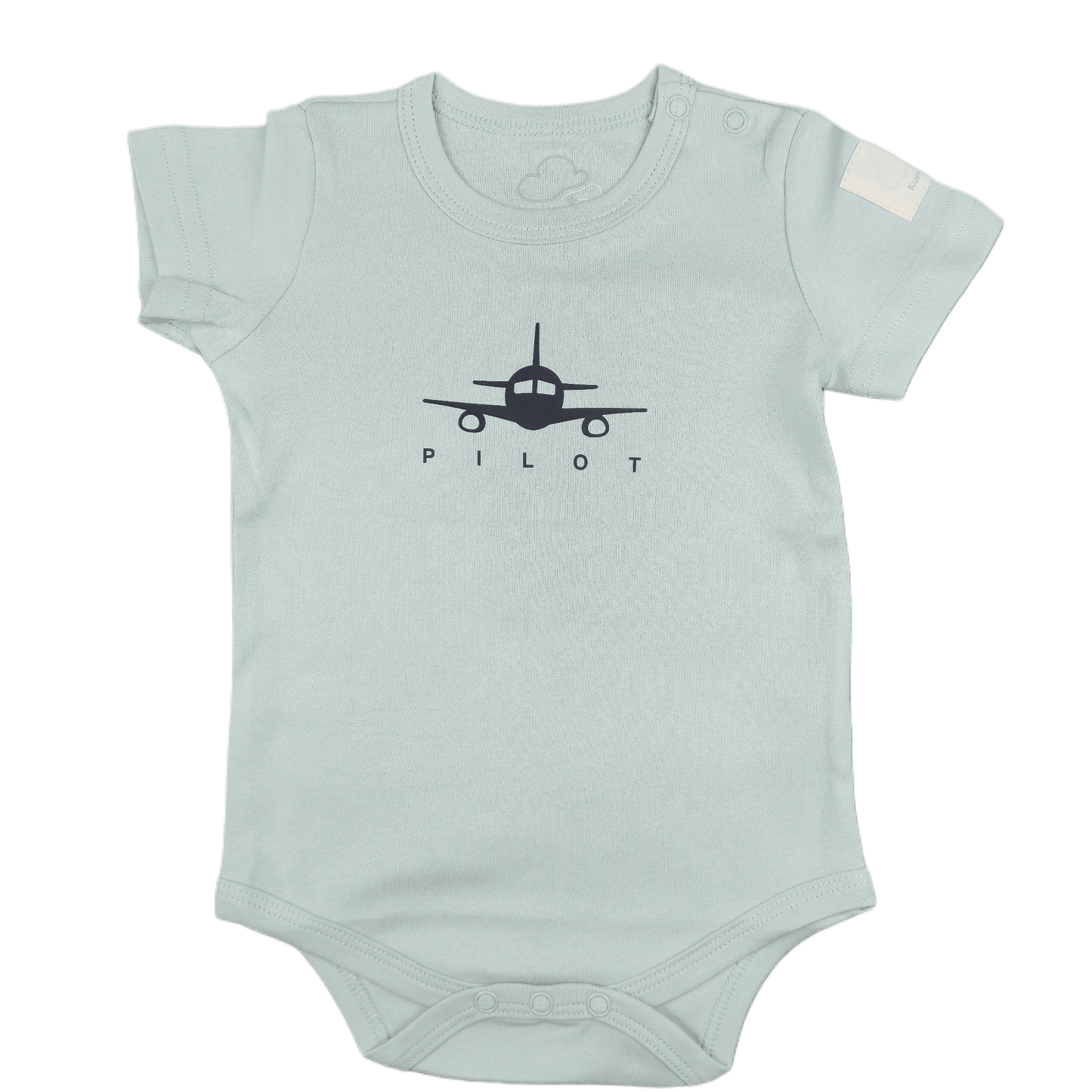Sage green  baby onesie with airplane design and 'Pilot' graphic front view