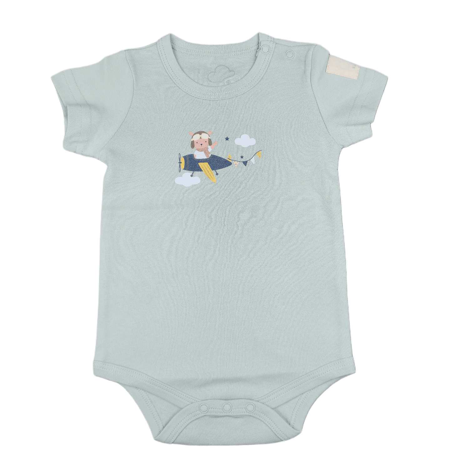 Light blue baby onesie with a graphic design on a green background