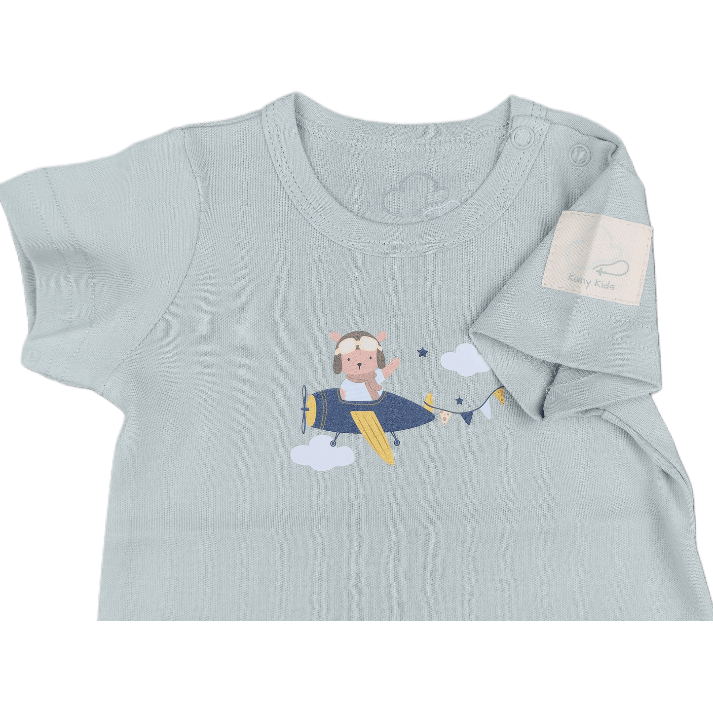 Sage green baby bodysuit  close-up with teddy design 
