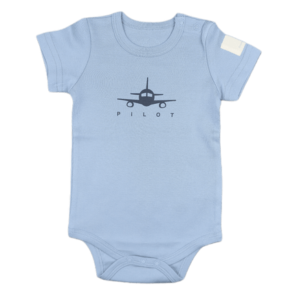 Aviation baby onesie, steel blue short sleeve with pilot print – Kumy Kids