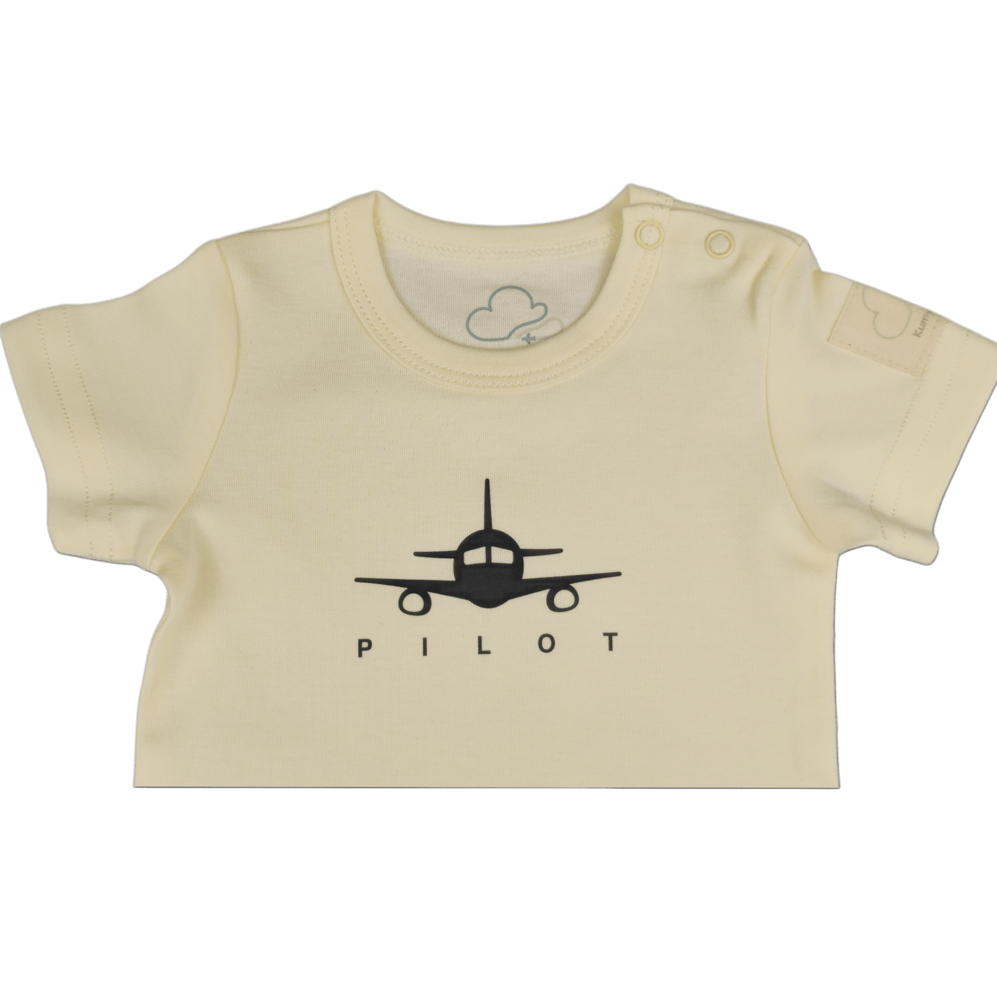 Beige aviation baby bodysuit, front teddy pilot print close-up