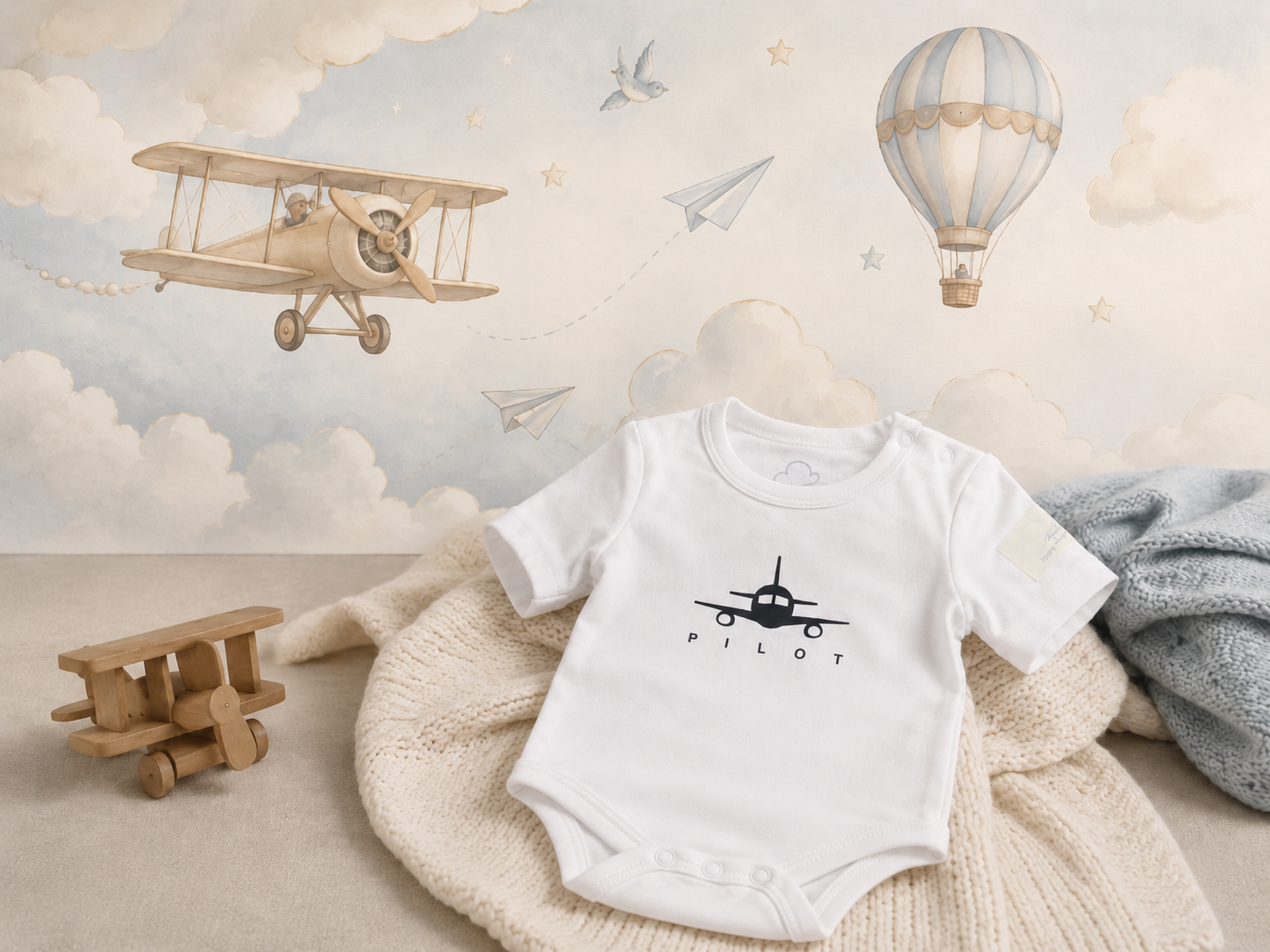 White baby bodysuit with aviation print in soft nursery setting