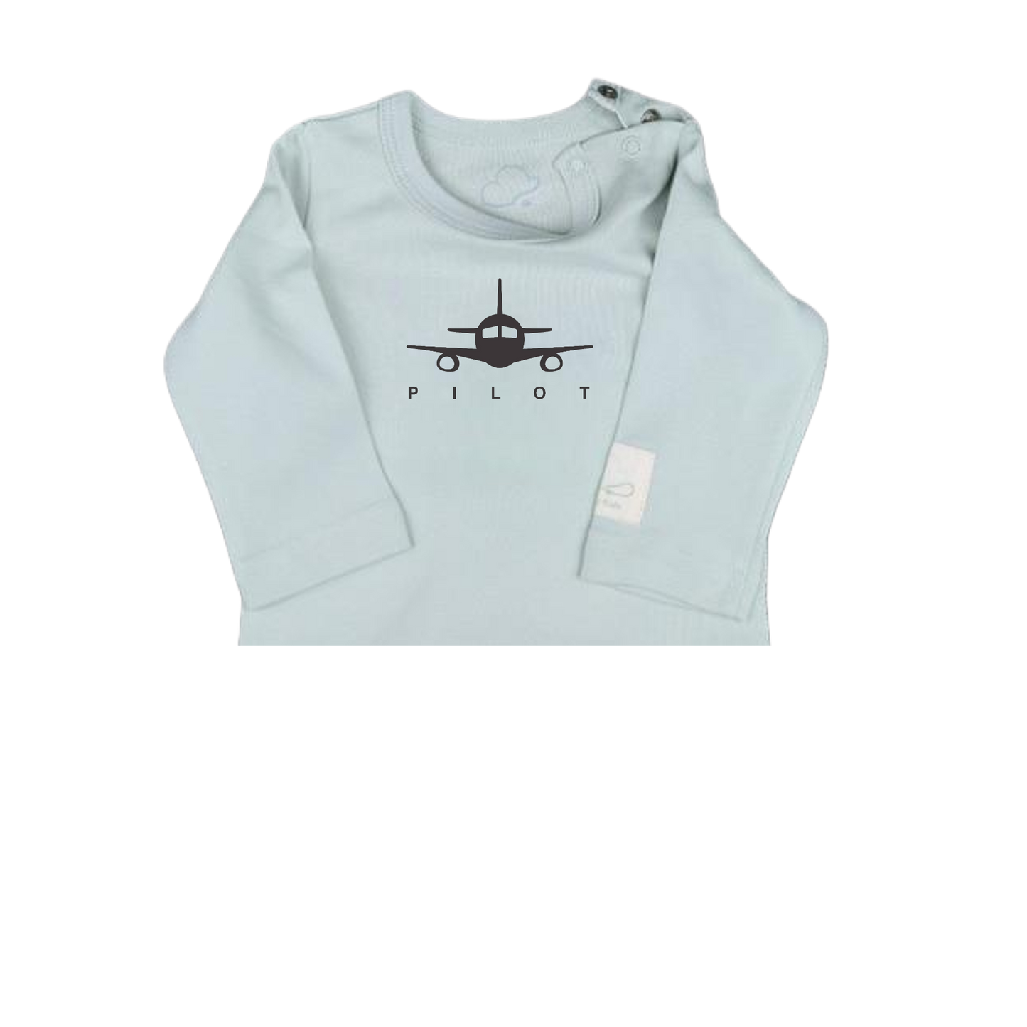 Sage green baby onesie showing a close up of the graphic design