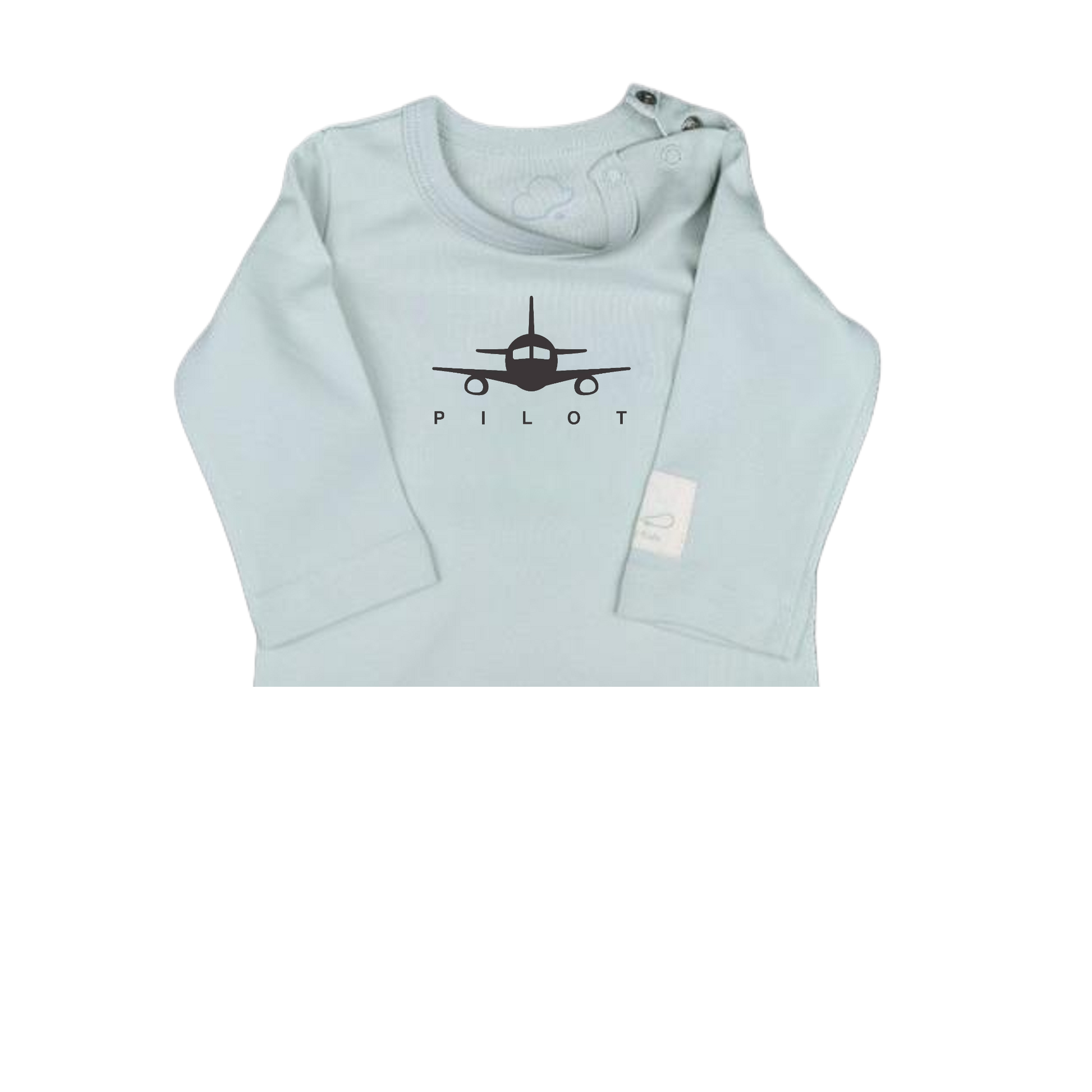 Sage green baby onesie showing a close up of the graphic design