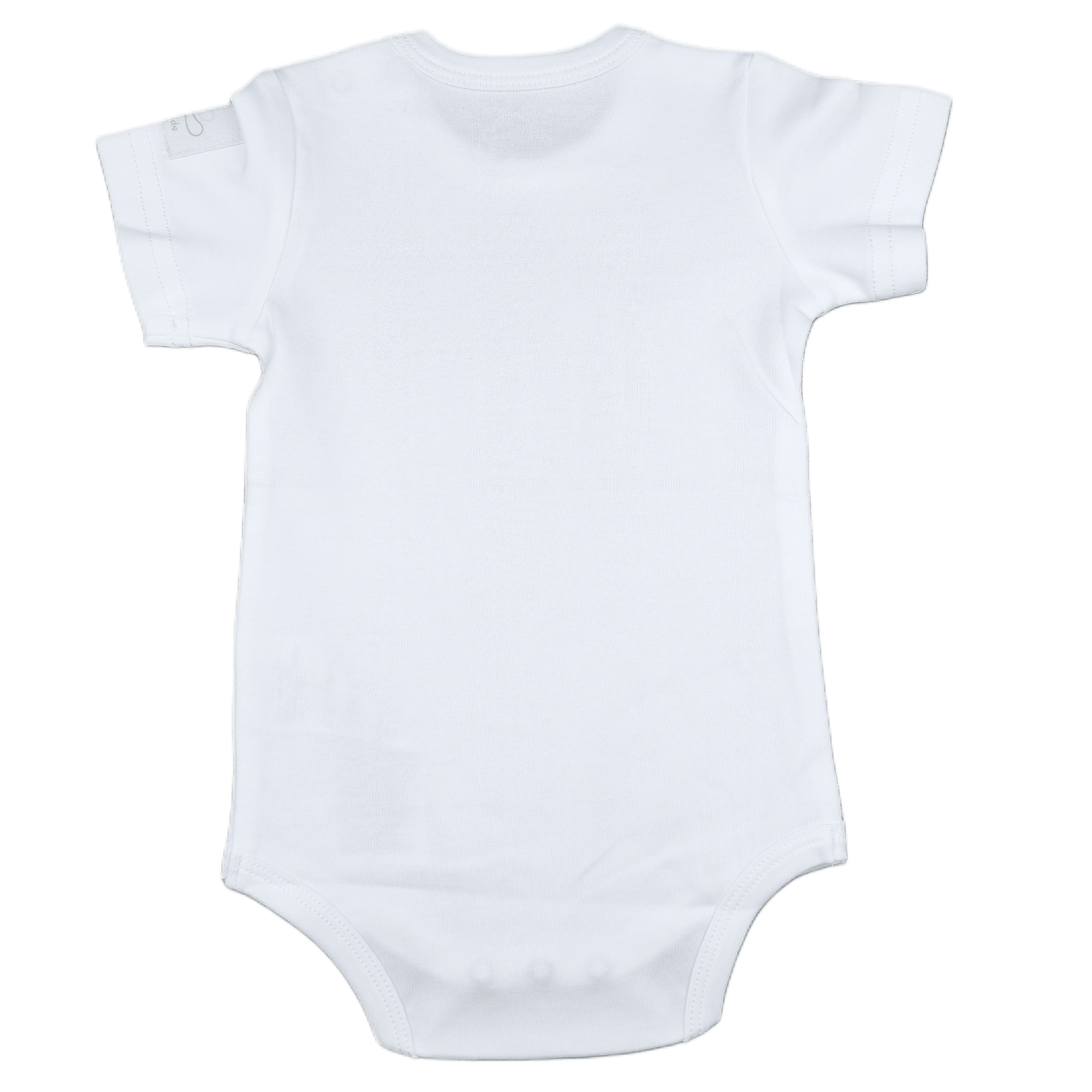 White aviation baby onesie, back view with snap closure