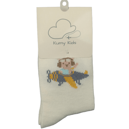 Beige baby socks with teddy pilot design