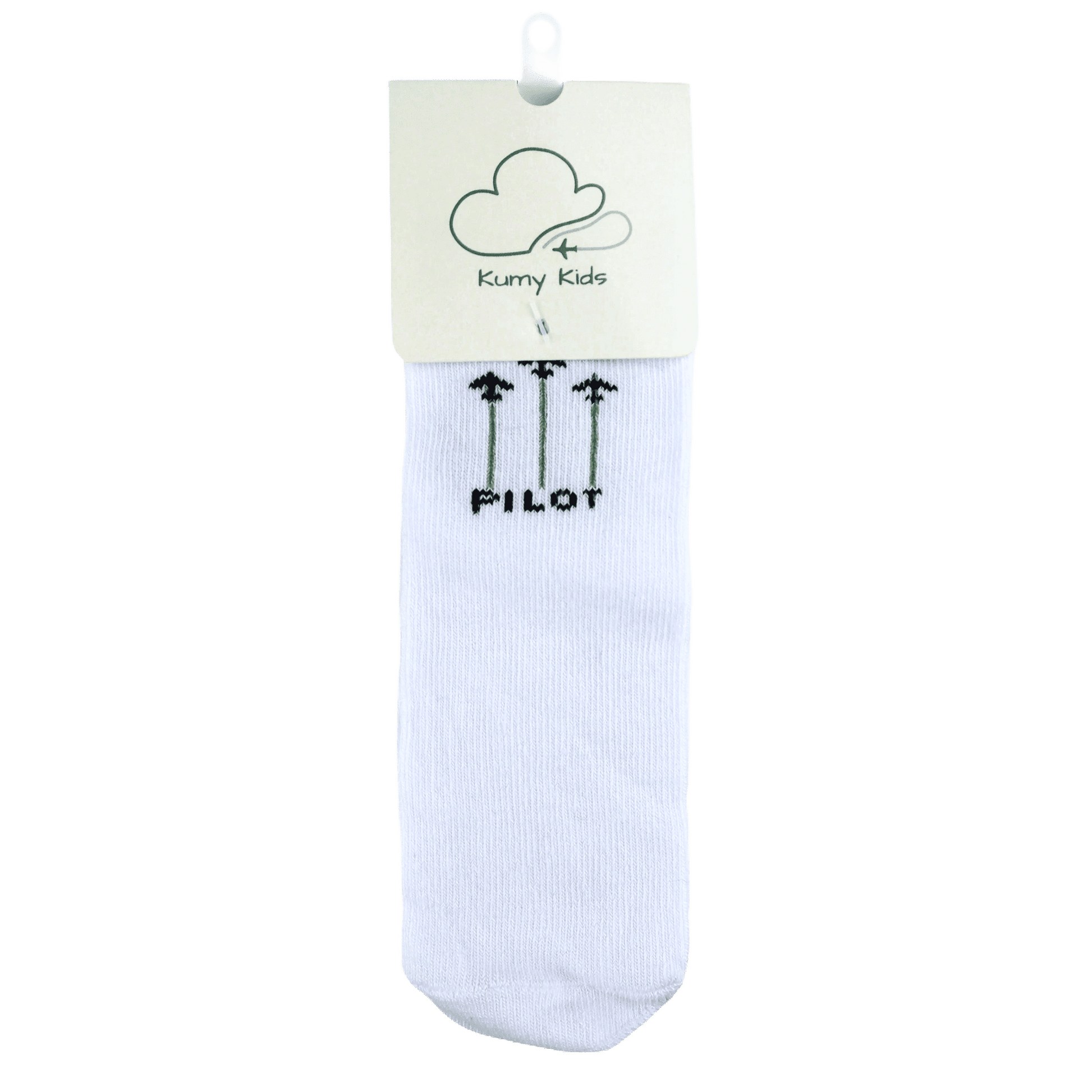 White flat-knit baby socks with PILOT graphic – Kumy Kids