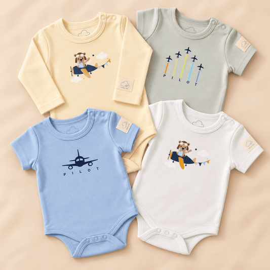 Four short-sleeve baby bodysuits arranged in a flat lay on a warm beige background. The bodysuits are in pale yellow, light blue, white, and light sage green, each featuring a cartoon dog flying in a plane and the word 'PILOT' printed on the chest.