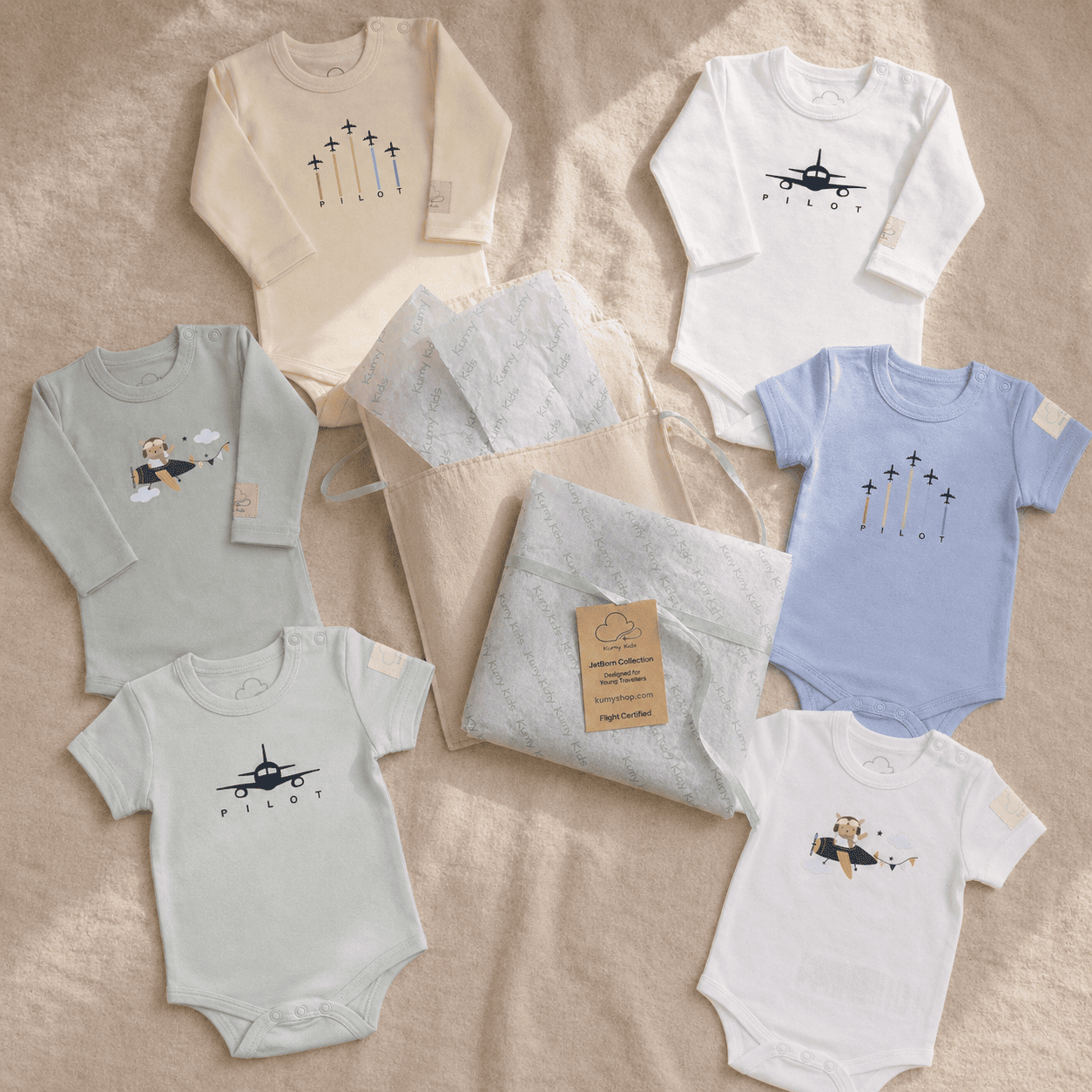 Mix and match baby bodysuit set with aviation prints by Kumy Kids